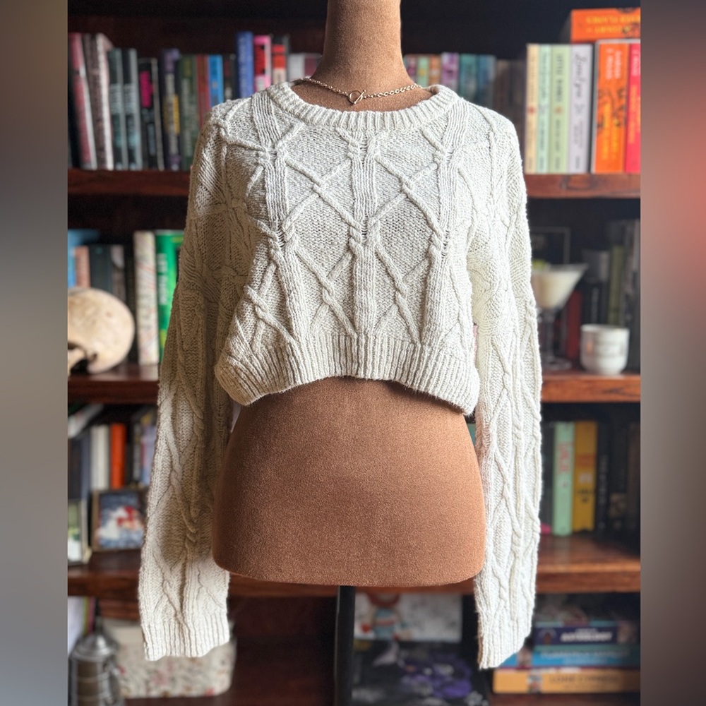 Urban Outfitters Cream Cable Knit Cropped Sweater